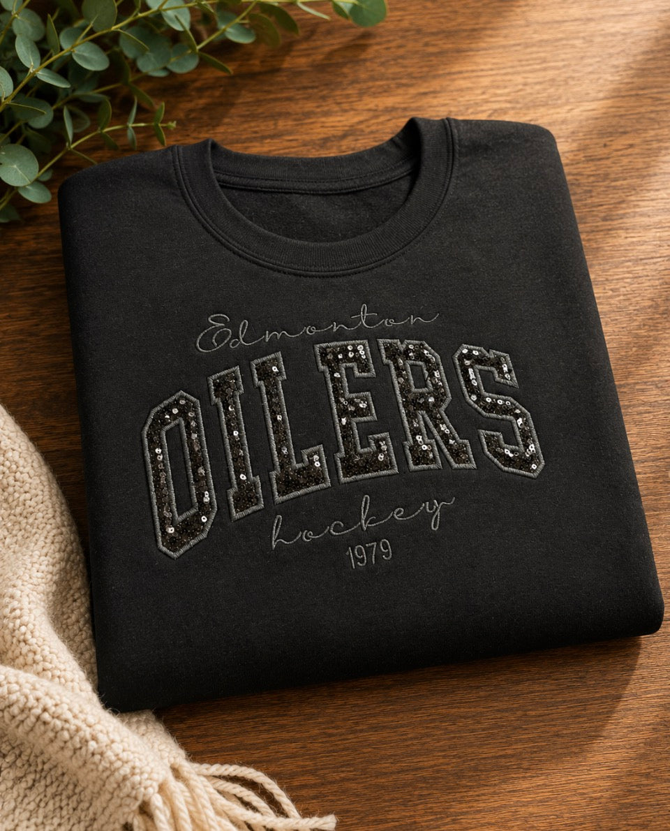 Oilers Black on Black Sequin Appliqué Crewneck