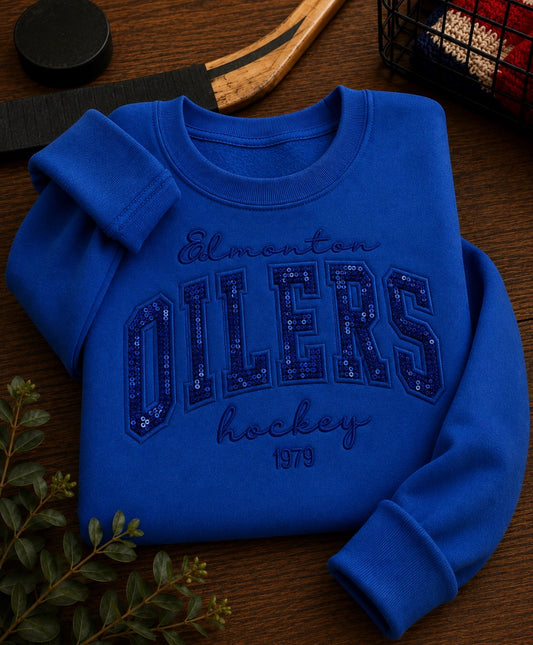 Oilers Blue on Blue Sequin Appliqué Crewneck