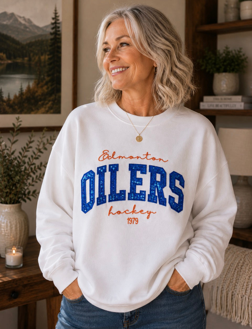 Oilers Sequin Appliqué Crewneck
