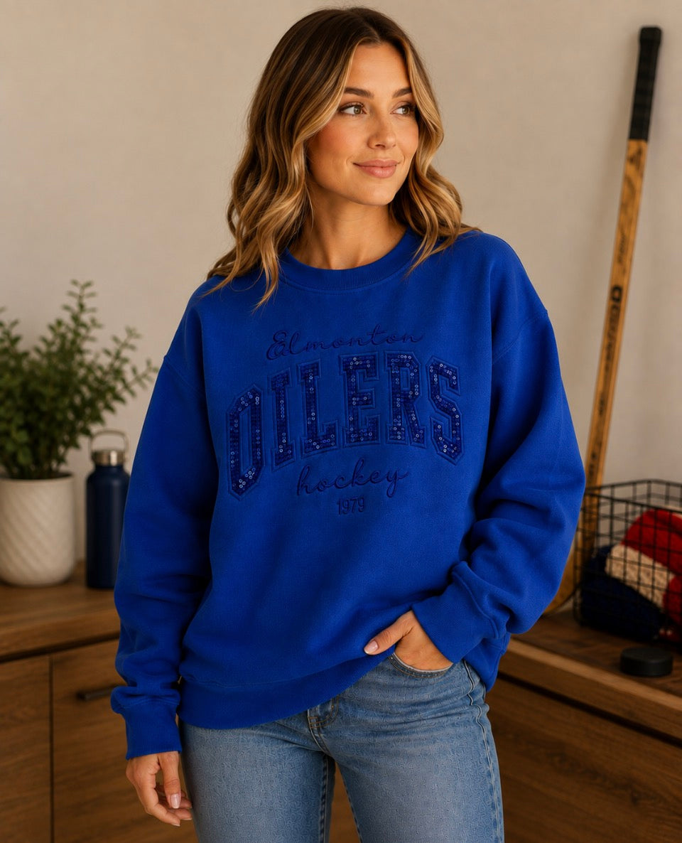 Oilers Blue on Blue Sequin Appliqué Crewneck